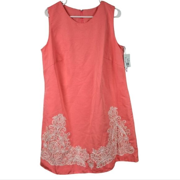 David's Bridal Short Shift Dress Lace Appliques Coral Bridesmaid Formal Prom NWT - Picture 2 of 12